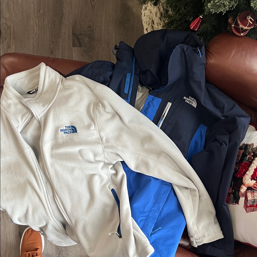 The North Face Light Gray Fleece and Blue Jacket